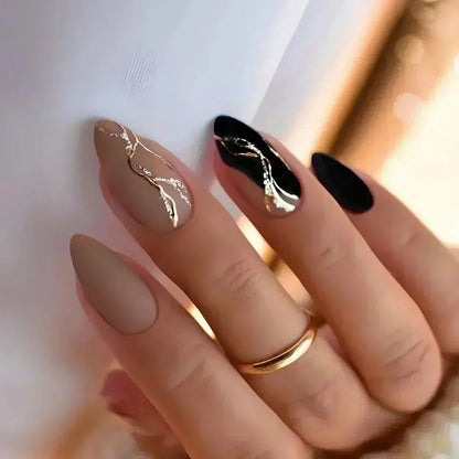 Pink Almond Shiny Golden Ripples Stiletto Fake Nails