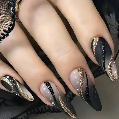 Pink Almond Shiny Golden Ripples Stiletto Fake Nails