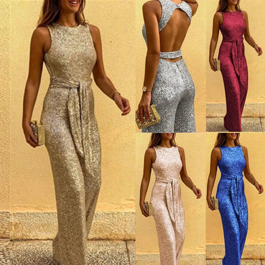 Elegant party jumpsuit round-necked sleeveless button sequins silver dot jumpsuit