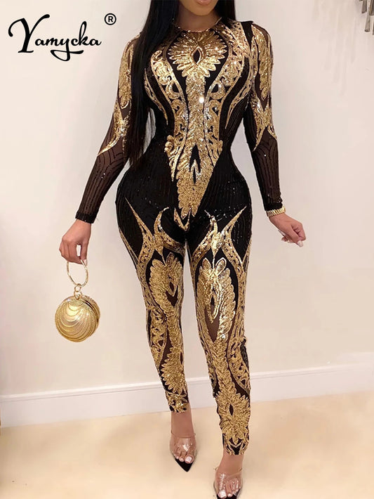 Sexy Long sleeve Sequin bodycon jumpsuit party nightclub jumpsuits