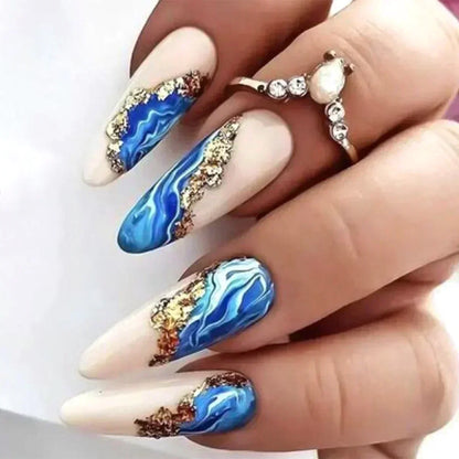 Blue Almond Stained Glitter with French Design Nail Art