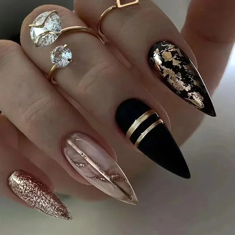 Pink Almond Shiny Golden Ripples Stiletto Fake Nails