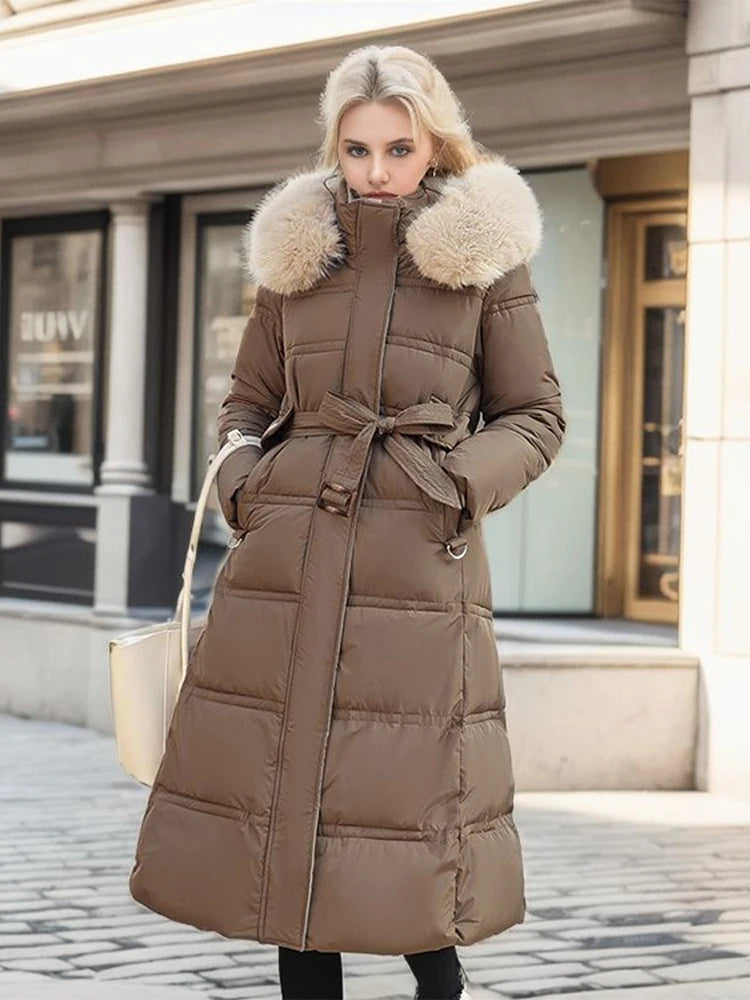 Padded Down Coats Hoodies Fur Collar With Belt