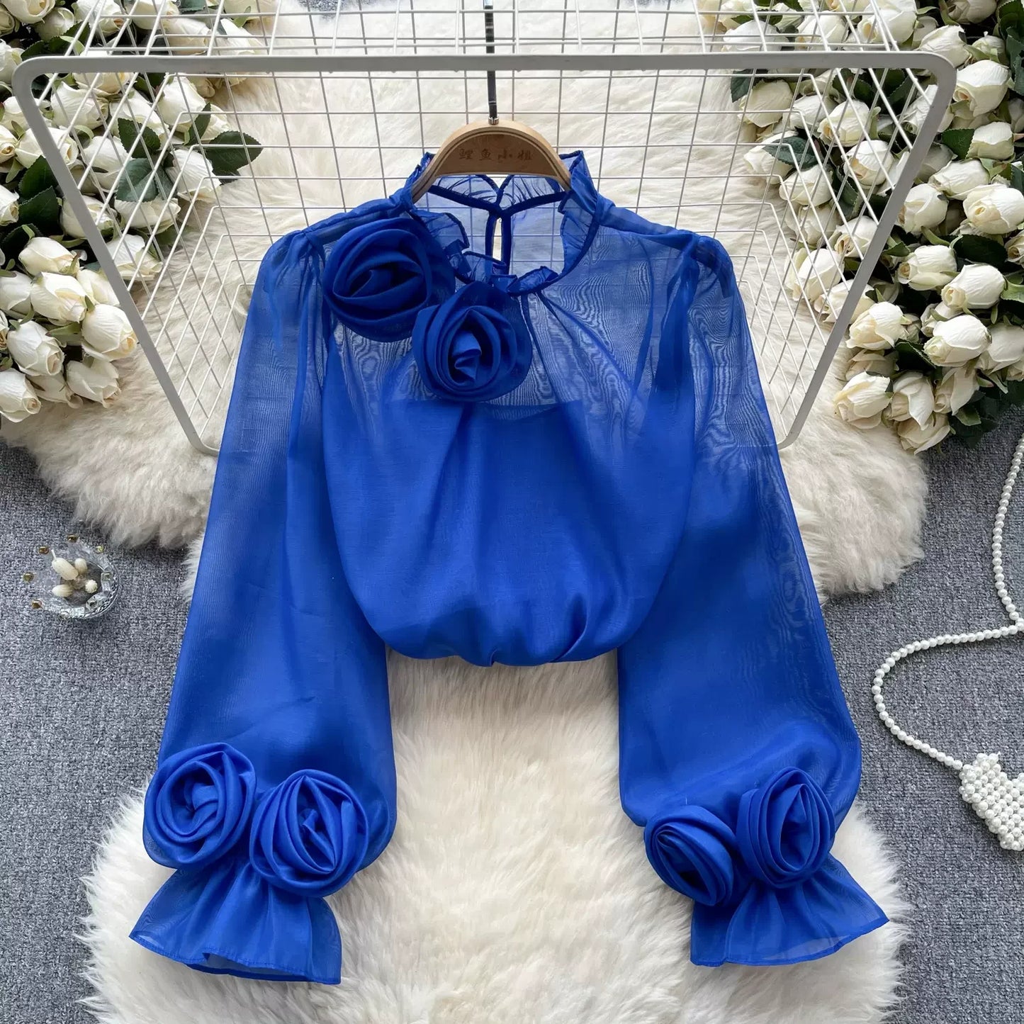 3D Flower Chiffon Blouse Ruffles Tops